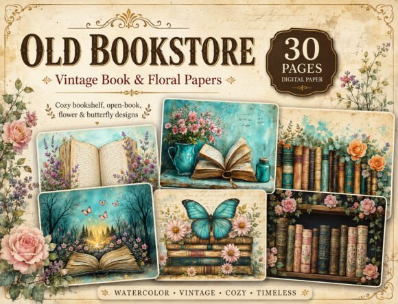 Download Vintage Books Floral Digital Papers - Floral Collection
