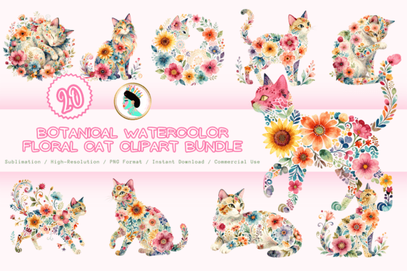 Download Botanical Floral Cat Clipart Bundle PNG - Floral Collection