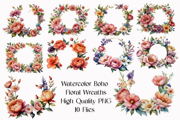 Download Watercolor Boho Floral Wreath Clipart - Floral Collection
