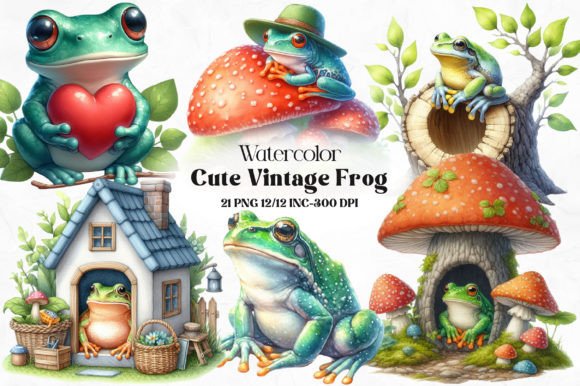 Download Watercolor Vintage Cute Frog Sublimation - Cute frog Collection